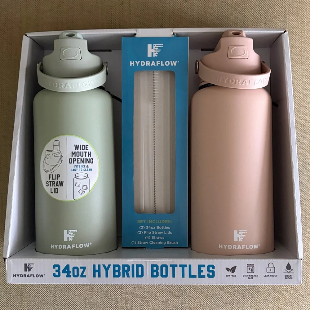 Hydraflow Insulated 34 oz Stainless Steel Wall Bottles with Straw Cleaning Brush - Picture 2 of 5